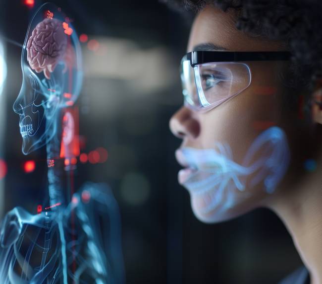 Estudante de medicina acompanha imagem holográfica de corpo humano para ensino de anatomia