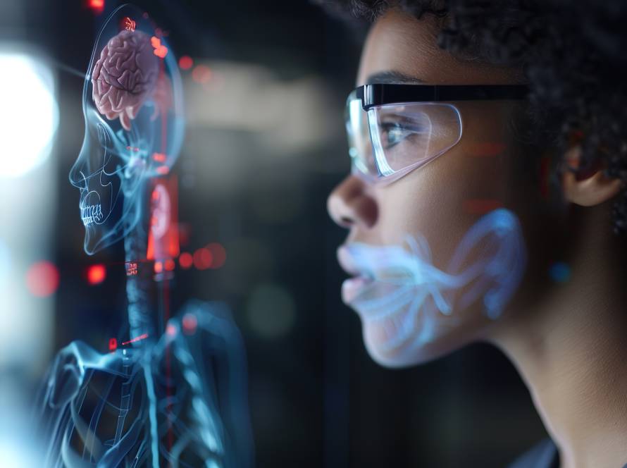 Estudante de medicina acompanha imagem holográfica de corpo humano para ensino de anatomia