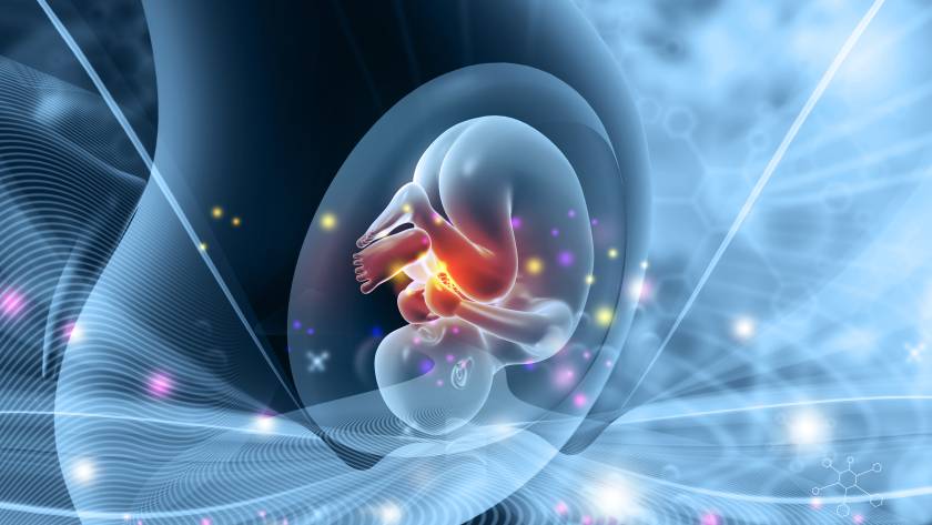 Ilustração de uma mulher grávida, com o bebê em seu útero, fundo azul futurista