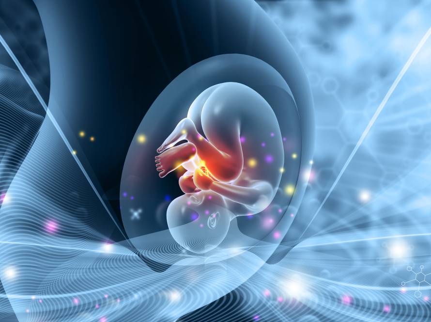 Ilustração de uma mulher grávida, com o bebê em seu útero, fundo azul futurista