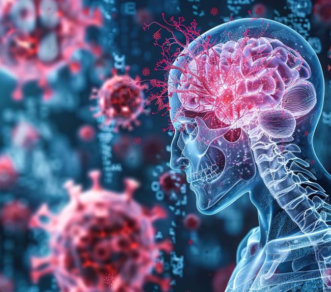 Ilustração futurística de vírus flutuando ao redor de um esqueleto do tronco para cima, mostrando o cérebro e a meninge atingidos pelo vírus MenB