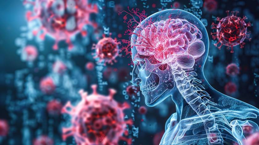 Ilustração futurística de vírus flutuando ao redor de um esqueleto do tronco para cima, mostrando o cérebro e a meninge atingidos pelo vírus MenB
