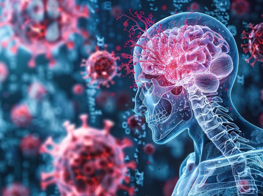 Ilustração futurística de vírus flutuando ao redor de um esqueleto do tronco para cima, mostrando o cérebro e a meninge atingidos pelo vírus MenB